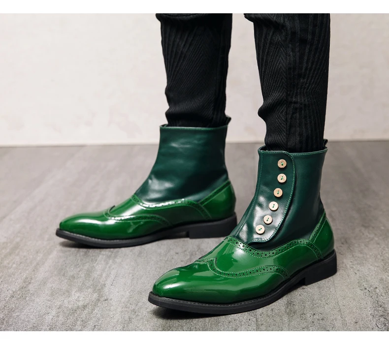 38-46 Men Boots Patent Leather Autumn Fashion Brogue Shoes Comfortable Brand Black Green Safety Gladiator Ankle Flats Cool Gift