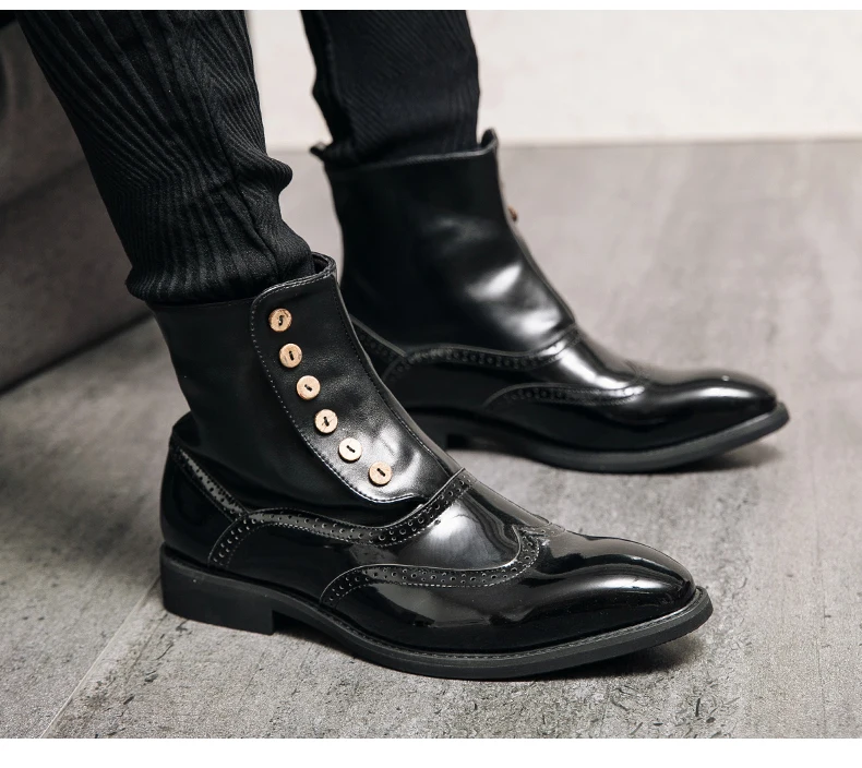 38-46 Men Boots Patent Leather Autumn Fashion Brogue Shoes Comfortable Brand Black Green Safety Gladiator Ankle Flats Cool Gift