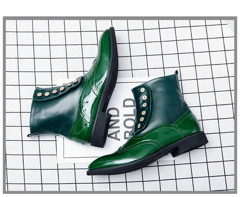 38-46 Men Boots Patent Leather Autumn Fashion Brogue Shoes Comfortable Brand Black Green Safety Gladiator Ankle Flats Cool Gift