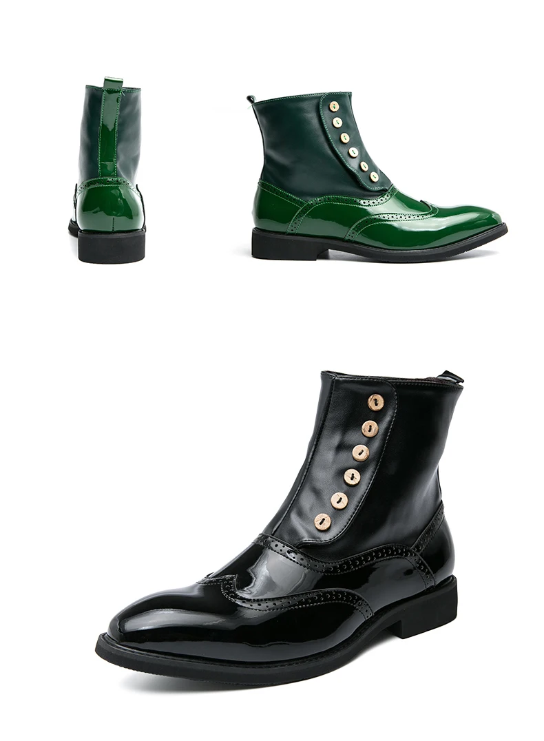 38-46 Men Boots Patent Leather Autumn Fashion Brogue Shoes Comfortable Brand Black Green Safety Gladiator Ankle Flats Cool Gift