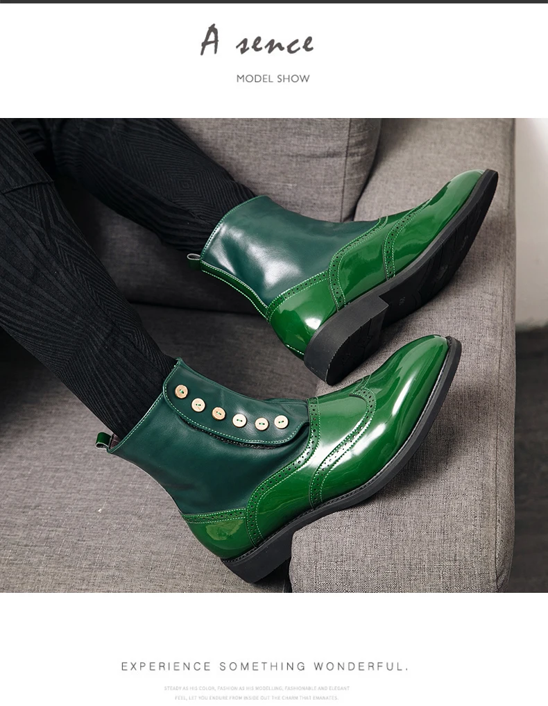 38-46 Men Boots Patent Leather Autumn Fashion Brogue Shoes Comfortable Brand Black Green Safety Gladiator Ankle Flats Cool Gift