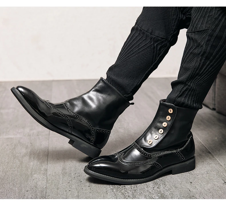 38-46 Men Boots Patent Leather Autumn Fashion Brogue Shoes Comfortable Brand Black Green Safety Gladiator Ankle Flats Cool Gift