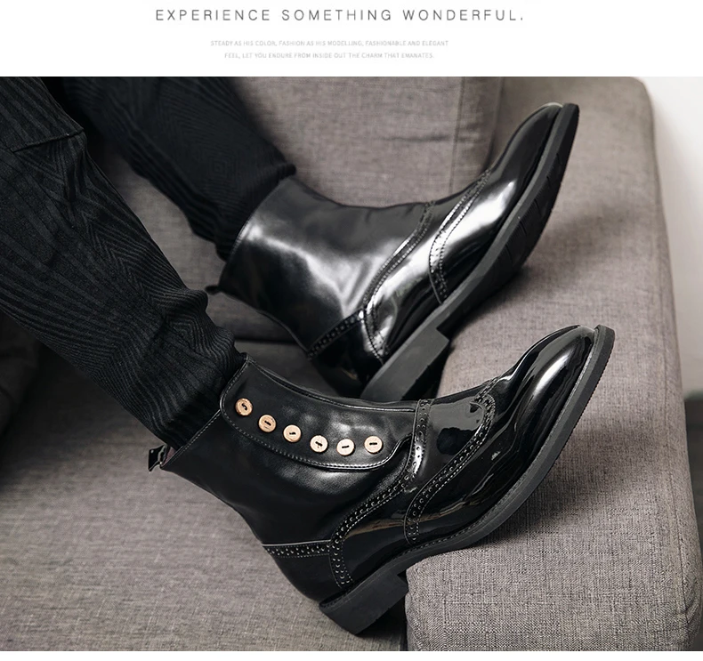 38-46 Men Boots Patent Leather Autumn Fashion Brogue Shoes Comfortable Brand Black Green Safety Gladiator Ankle Flats Cool Gift