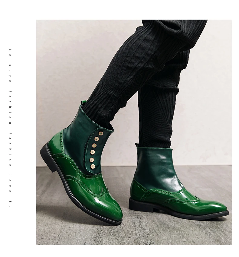 38-46 Men Boots Patent Leather Autumn Fashion Brogue Shoes Comfortable Brand Black Green Safety Gladiator Ankle Flats Cool Gift