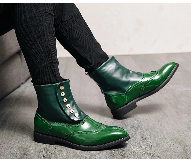 38-46 Men Boots Patent Leather Autumn Fashion Brogue Shoes Comfortable Brand Black Green Safety Gladiator Ankle Flats Cool Gift