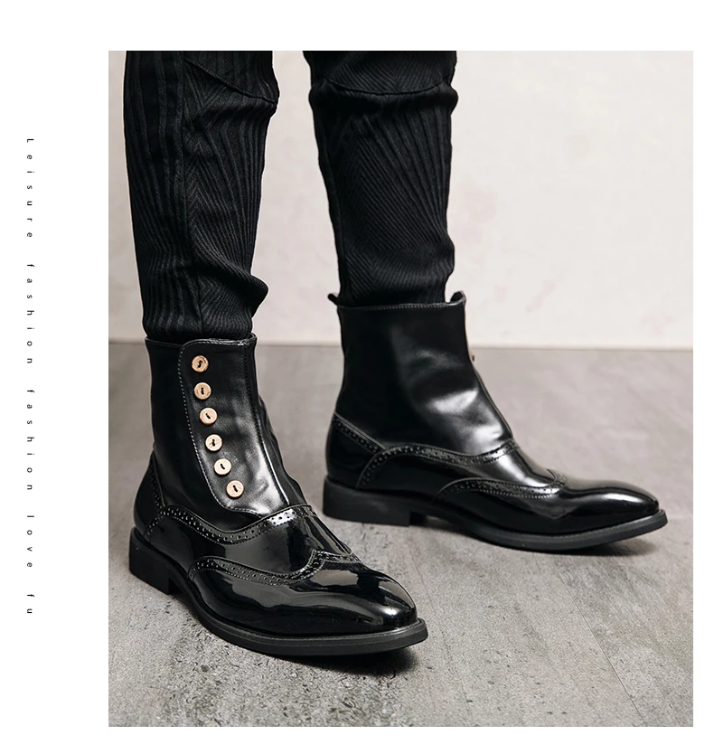 38-46 Men Boots Patent Leather Autumn Fashion Brogue Shoes Comfortable Brand Black Green Safety Gladiator Ankle Flats Cool Gift