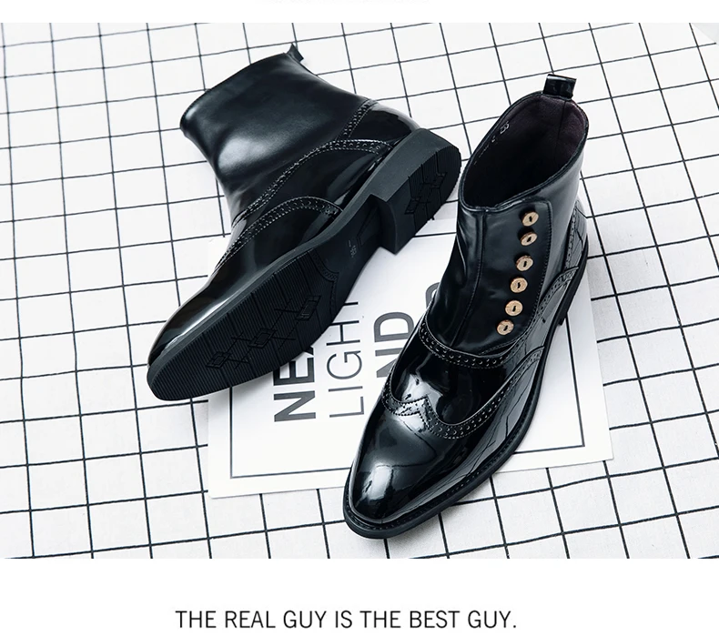 38-46 Men Boots Patent Leather Autumn Fashion Brogue Shoes Comfortable Brand Black Green Safety Gladiator Ankle Flats Cool Gift