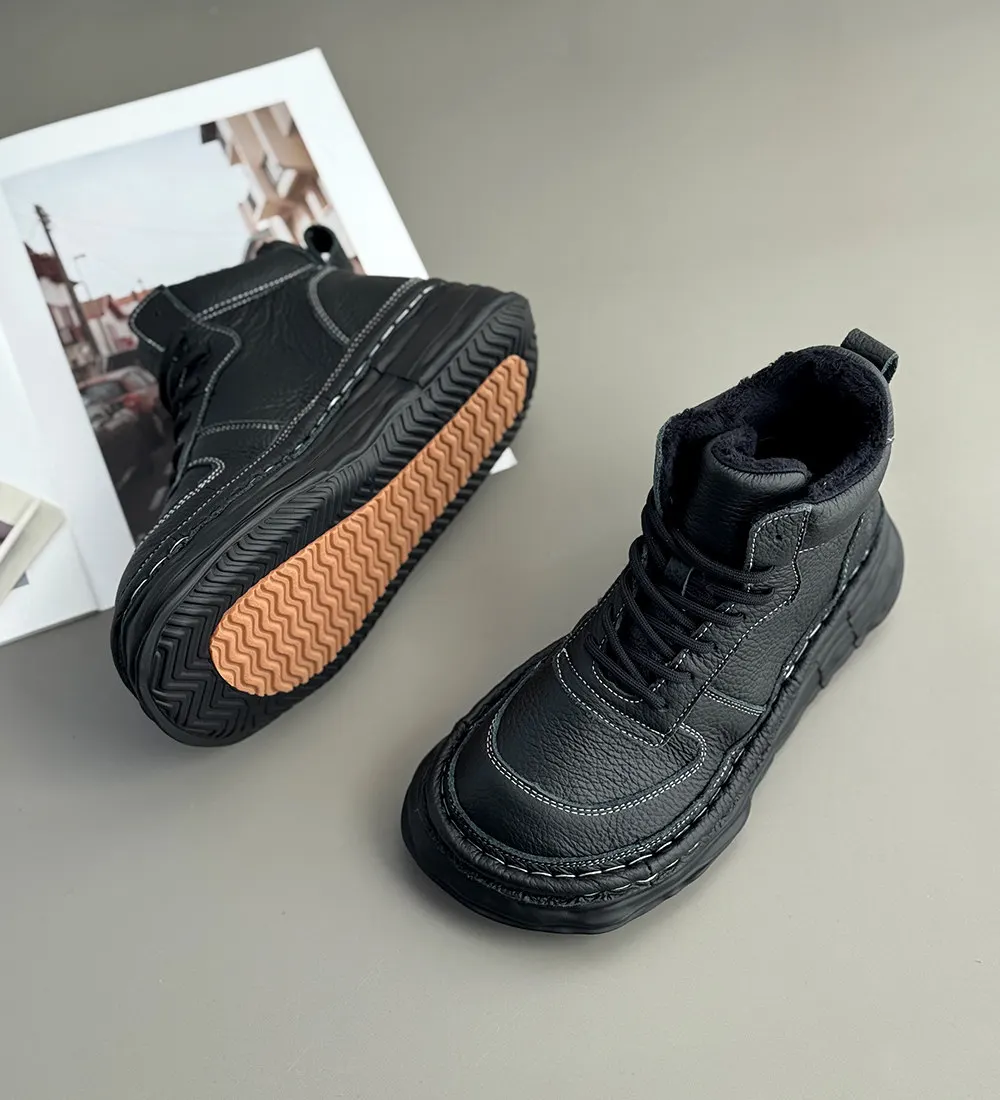 Careaymade-Genuine Leather Women's Boots, Wide Toe Thick Soles Artistic Cowhide Winter Warm Casual Shoes, Retro Short Ankle Boot