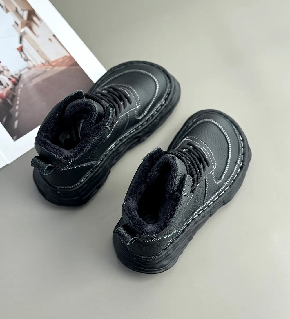 Careaymade-Genuine Leather Women's Boots, Wide Toe Thick Soles Artistic Cowhide Winter Warm Casual Shoes, Retro Short Ankle Boot