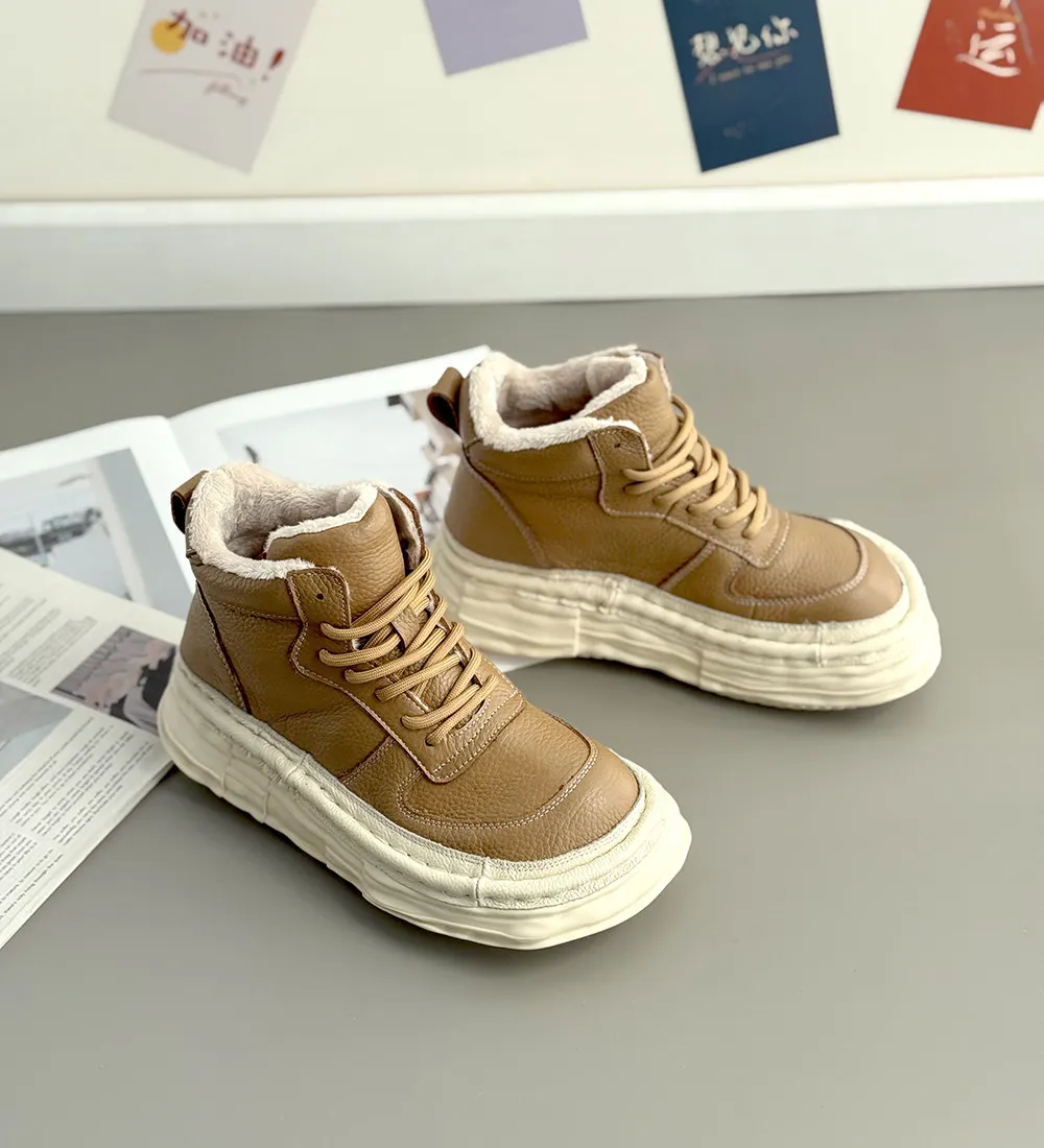 Careaymade-Genuine Leather Women's Boots, Wide Toe Thick Soles Artistic Cowhide Winter Warm Casual Shoes, Retro Short Ankle Boot