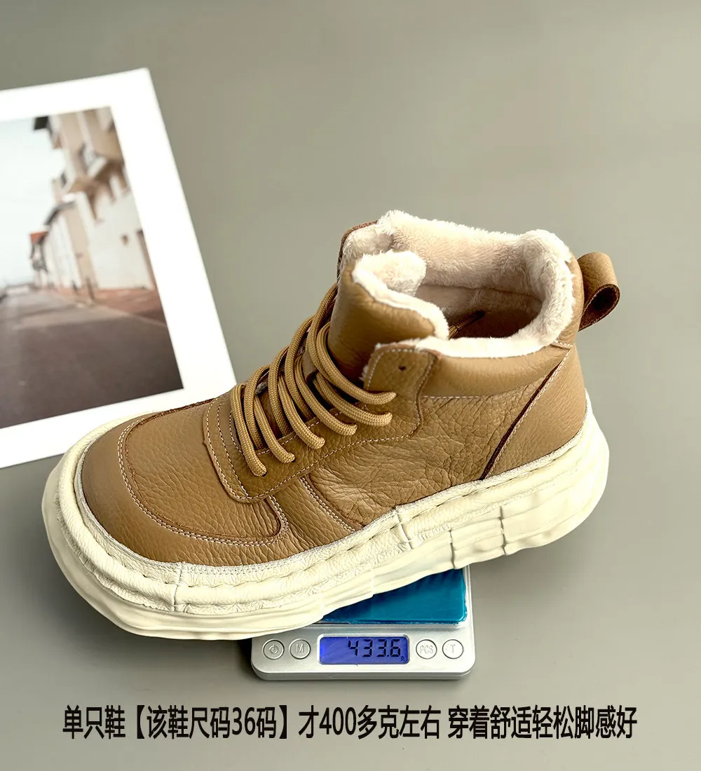 Careaymade-Genuine Leather Women's Boots, Wide Toe Thick Soles Artistic Cowhide Winter Warm Casual Shoes, Retro Short Ankle Boot