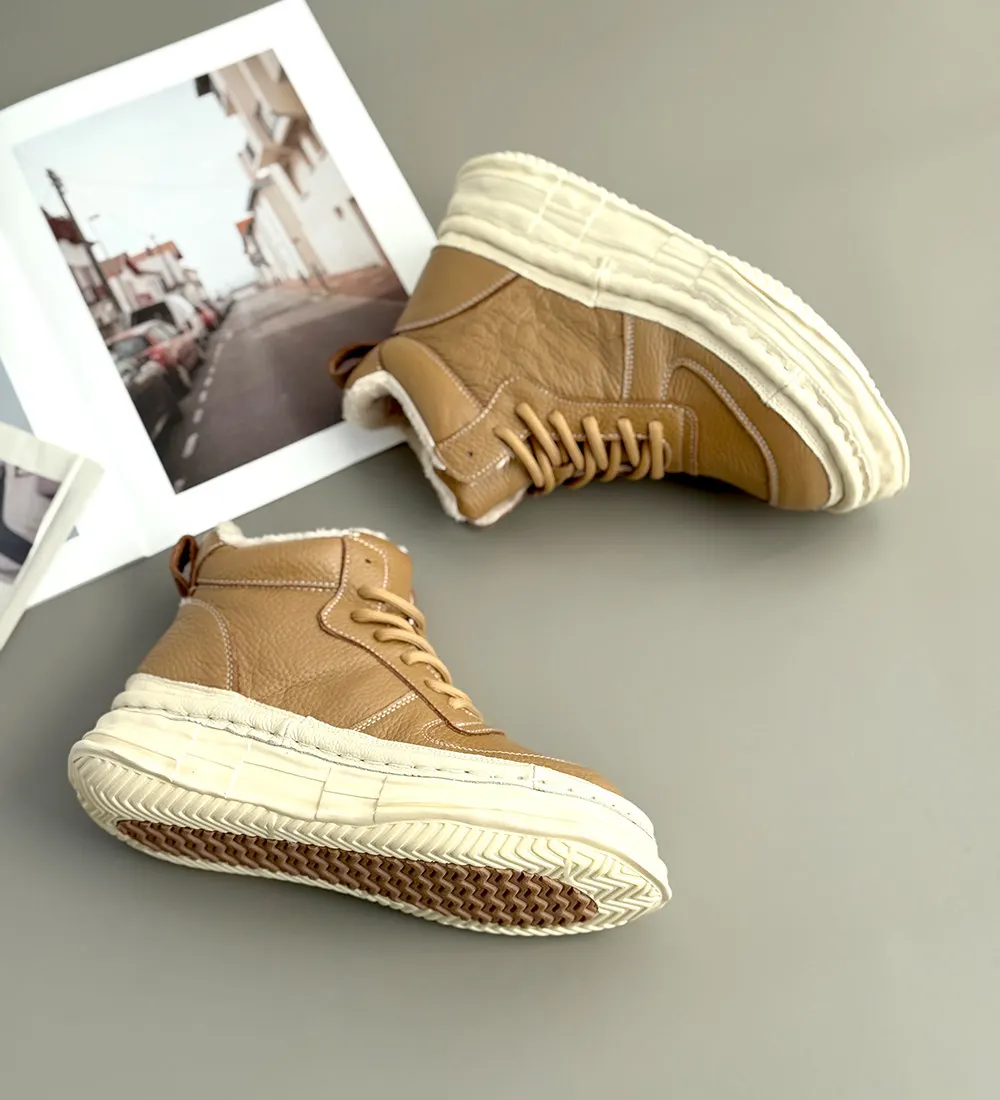 Careaymade-Genuine Leather Women's Boots, Wide Toe Thick Soles Artistic Cowhide Winter Warm Casual Shoes, Retro Short Ankle Boot
