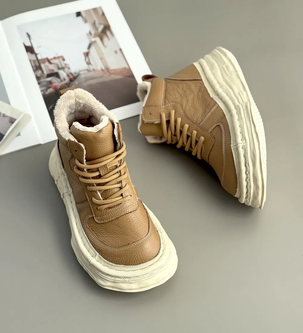 Careaymade-Genuine Leather Women's Boots, Wide Toe Thick Soles Artistic Cowhide Winter Warm Casual Shoes, Retro Short Ankle Boot