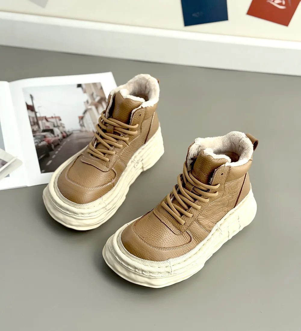 Careaymade-Genuine Leather Women's Boots, Wide Toe Thick Soles Artistic Cowhide Winter Warm Casual Shoes, Retro Short Ankle Boot