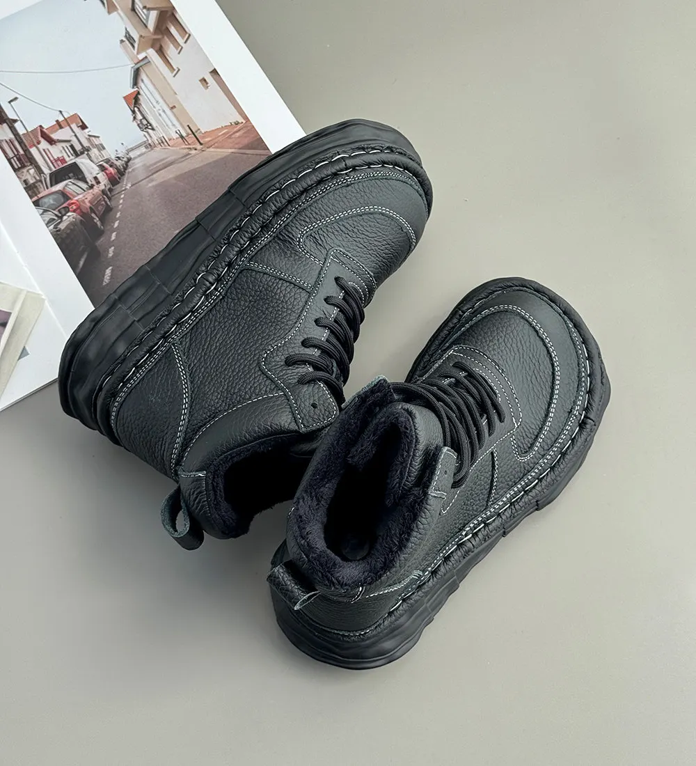 Careaymade-Genuine Leather Women's Boots, Wide Toe Thick Soles Artistic Cowhide Winter Warm Casual Shoes, Retro Short Ankle Boot