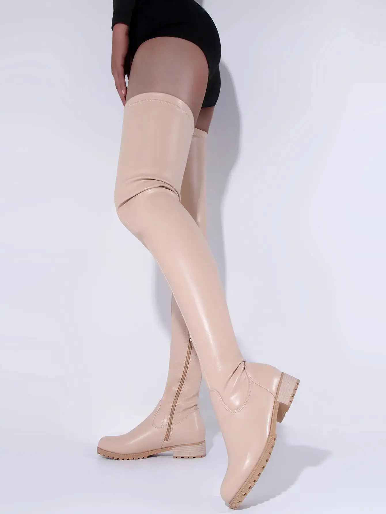 Black Low Heels Women Knee High Boots Big Size 34-46 Elastic Thigh High Boots Round Toe Pu Comfortable Shoes