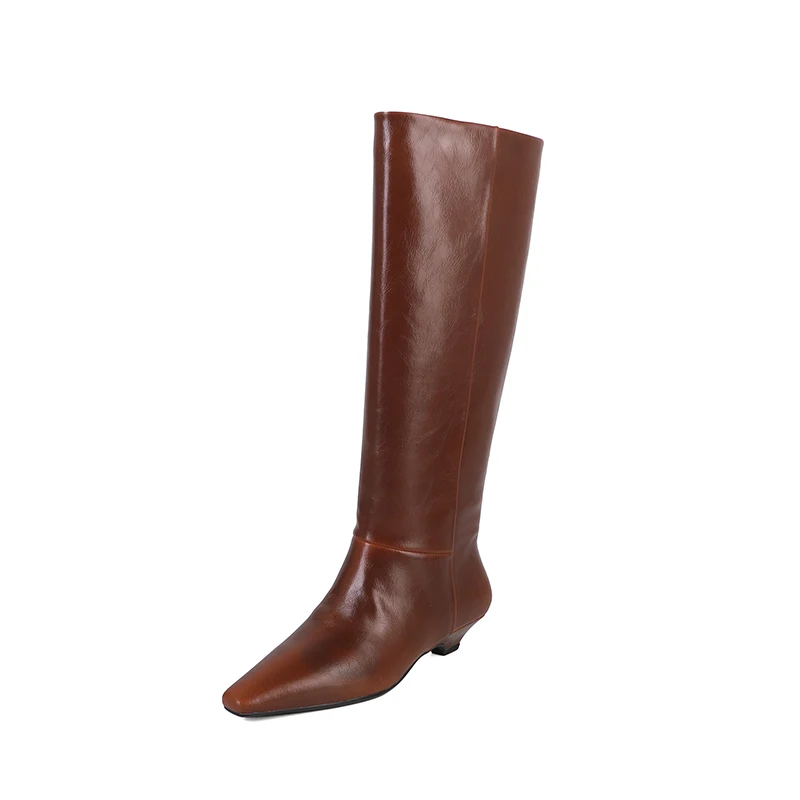 Arden Furtado Autumn Cowhide Black Knee High Boots for Women Square-Head Chunky Heels Riding Boots Simple Style Large Size