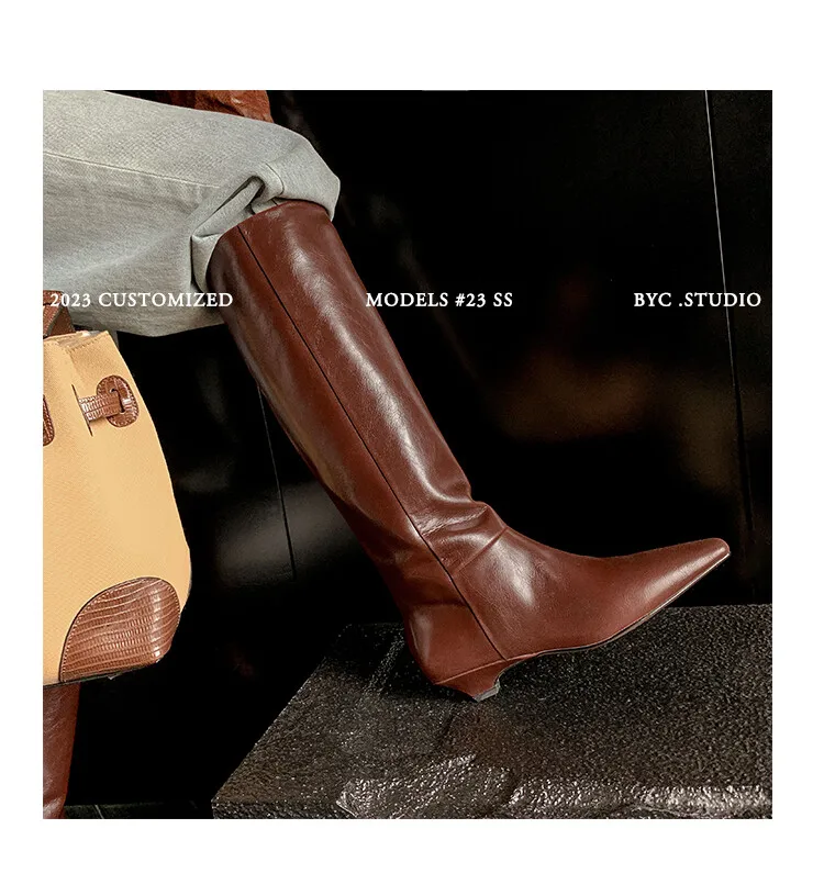 Arden Furtado Autumn Cowhide Black Knee High Boots for Women Square-Head Chunky Heels Riding Boots Simple Style Large Size