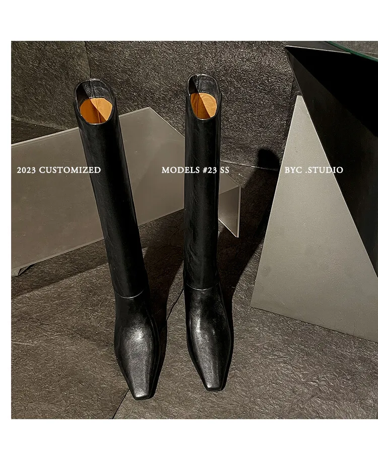 Arden Furtado Autumn Cowhide Black Knee High Boots for Women Square-Head Chunky Heels Riding Boots Simple Style Large Size