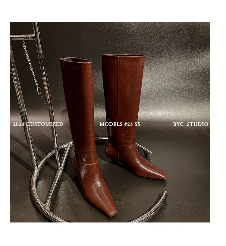 Arden Furtado Autumn Cowhide Black Knee High Boots for Women Square-Head Chunky Heels Riding Boots Simple Style Large Size