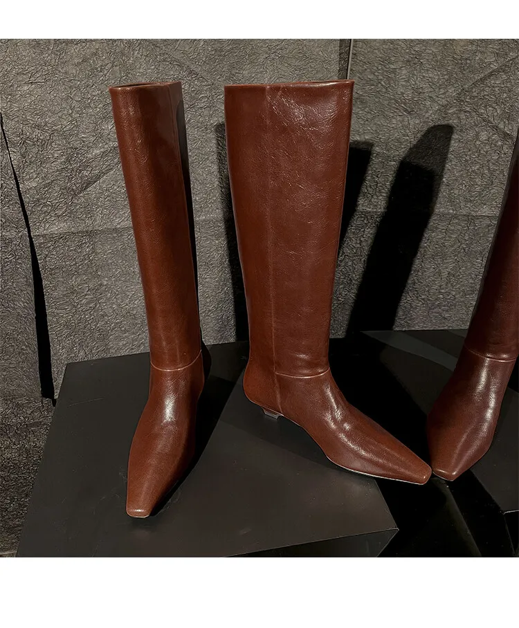 Arden Furtado Autumn Cowhide Black Knee High Boots for Women Square-Head Chunky Heels Riding Boots Simple Style Large Size