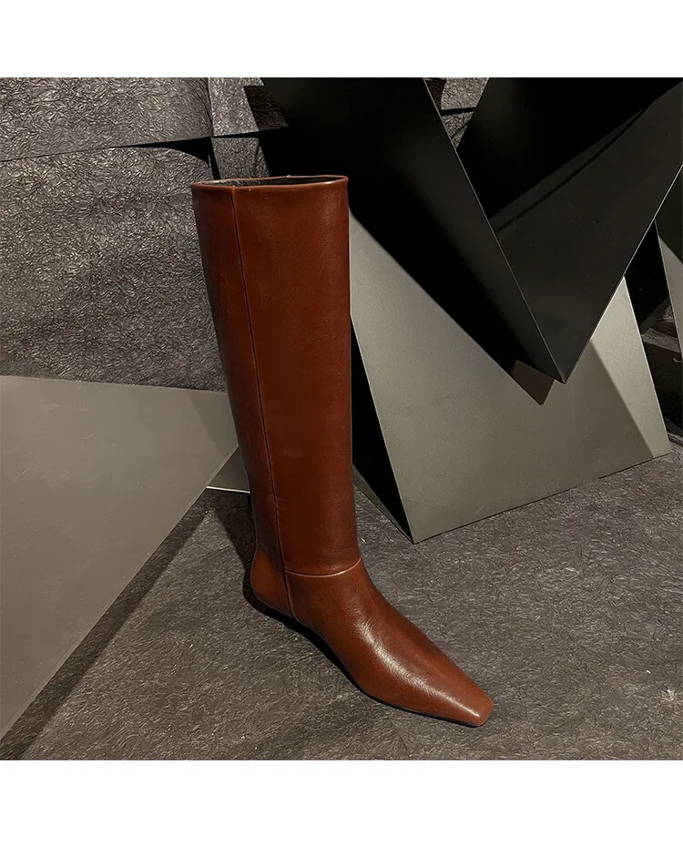 Arden Furtado Autumn Cowhide Black Knee High Boots for Women Square-Head Chunky Heels Riding Boots Simple Style Large Size