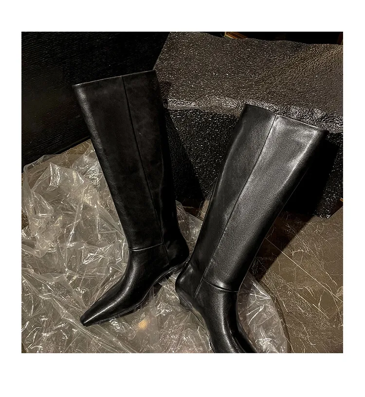 Arden Furtado Autumn Cowhide Black Knee High Boots for Women Square-Head Chunky Heels Riding Boots Simple Style Large Size