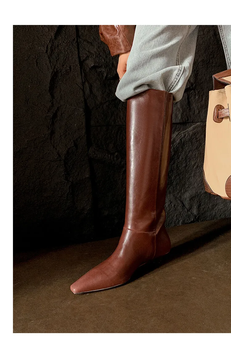 Arden Furtado Autumn Cowhide Black Knee High Boots for Women Square-Head Chunky Heels Riding Boots Simple Style Large Size