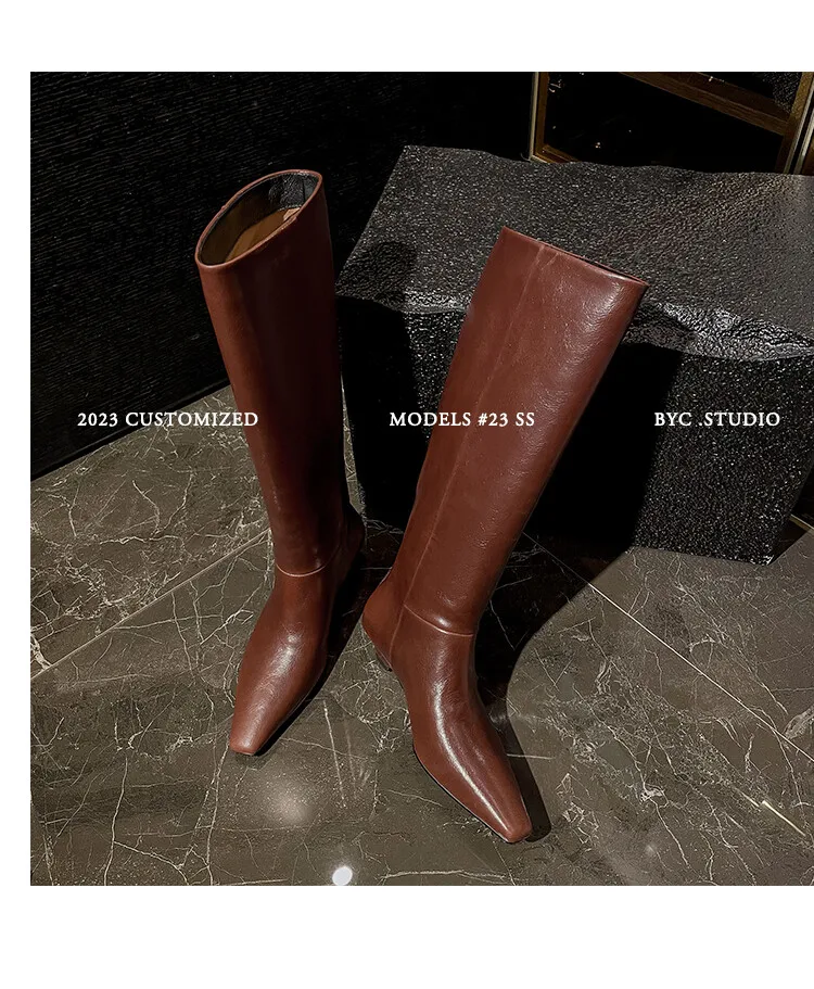 Arden Furtado Autumn Cowhide Black Knee High Boots for Women Square-Head Chunky Heels Riding Boots Simple Style Large Size