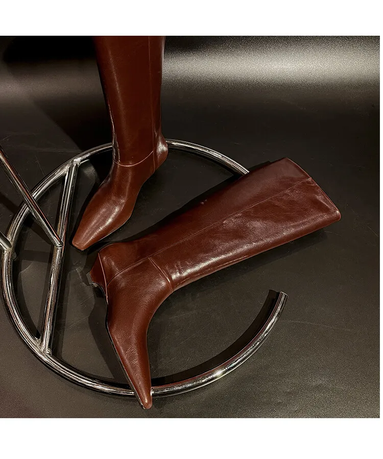 Arden Furtado Autumn Cowhide Black Knee High Boots for Women Square-Head Chunky Heels Riding Boots Simple Style Large Size