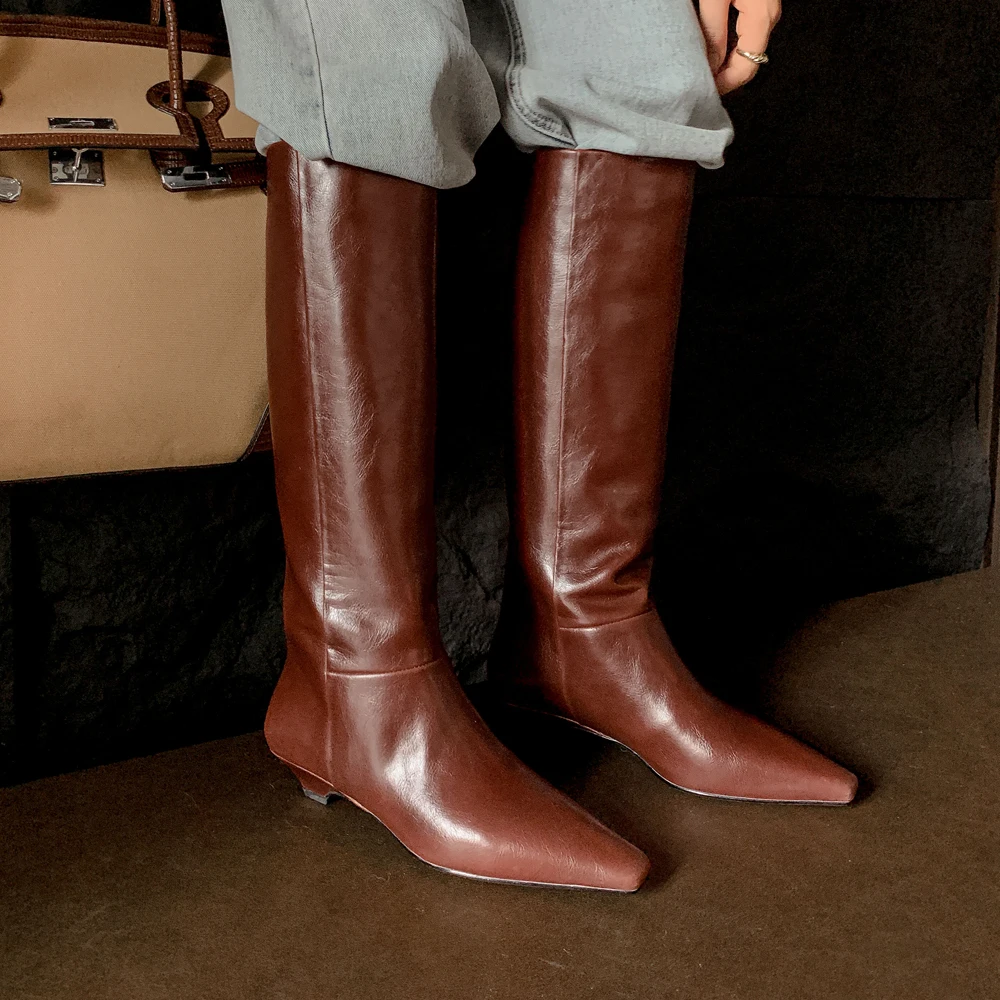Arden Furtado Autumn Cowhide Black Knee High Boots for Women Square-Head Chunky Heels Riding Boots Simple Style Large Size