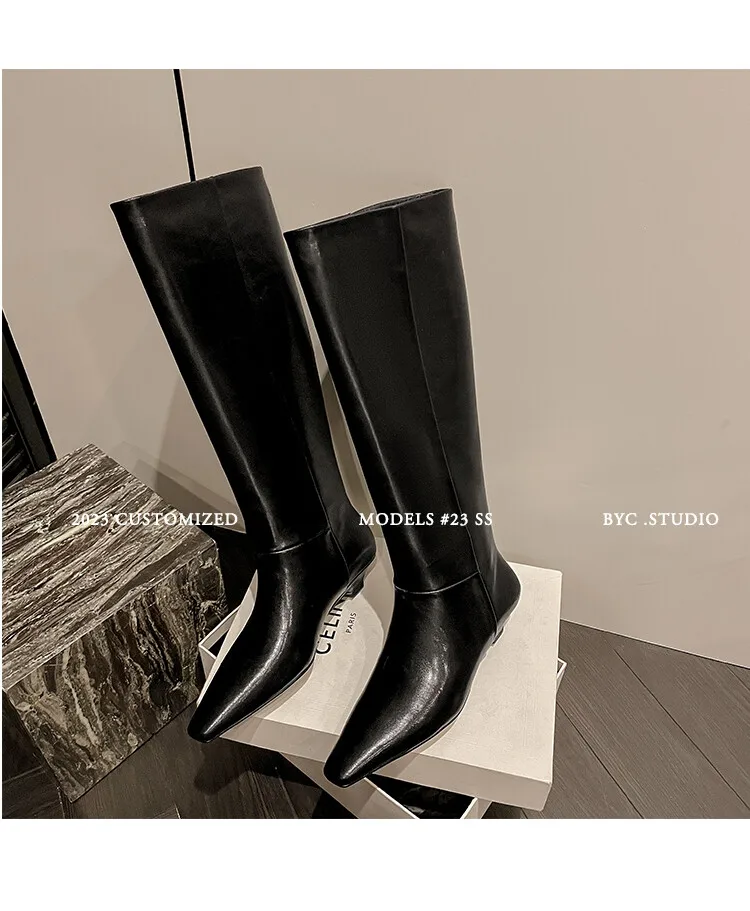 Arden Furtado Autumn Cowhide Black Knee High Boots for Women Square-Head Chunky Heels Riding Boots Simple Style Large Size