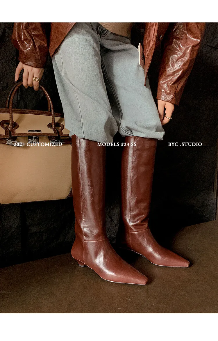 Arden Furtado Autumn Cowhide Black Knee High Boots for Women Square-Head Chunky Heels Riding Boots Simple Style Large Size