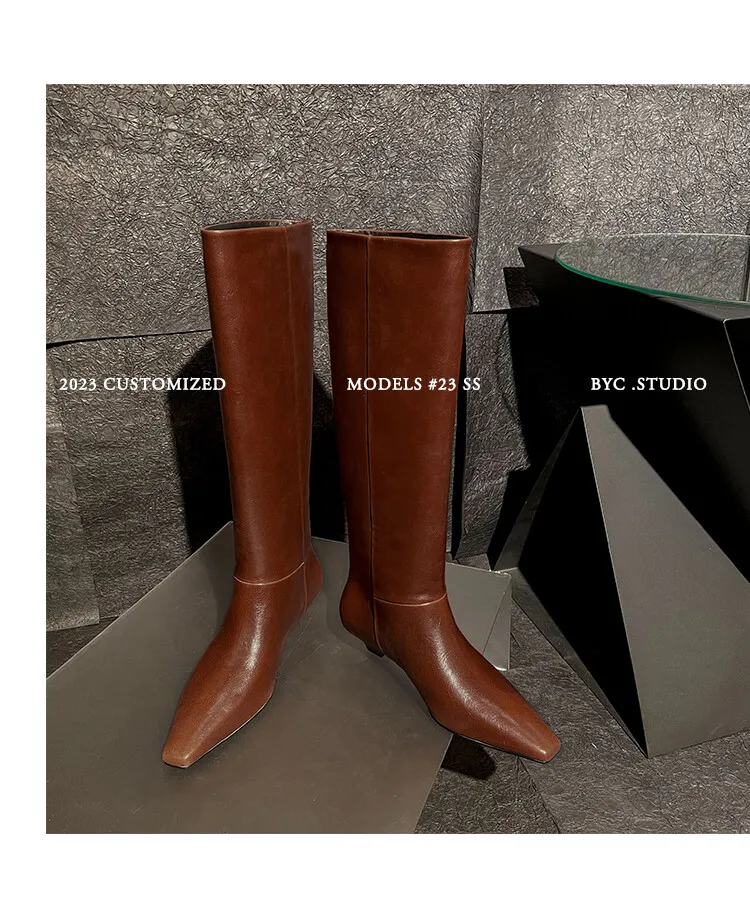 Arden Furtado Autumn Cowhide Black Knee High Boots for Women Square-Head Chunky Heels Riding Boots Simple Style Large Size
