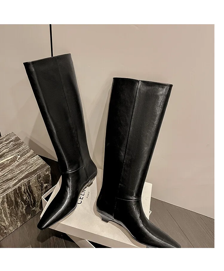 Arden Furtado Autumn Cowhide Black Knee High Boots for Women Square-Head Chunky Heels Riding Boots Simple Style Large Size