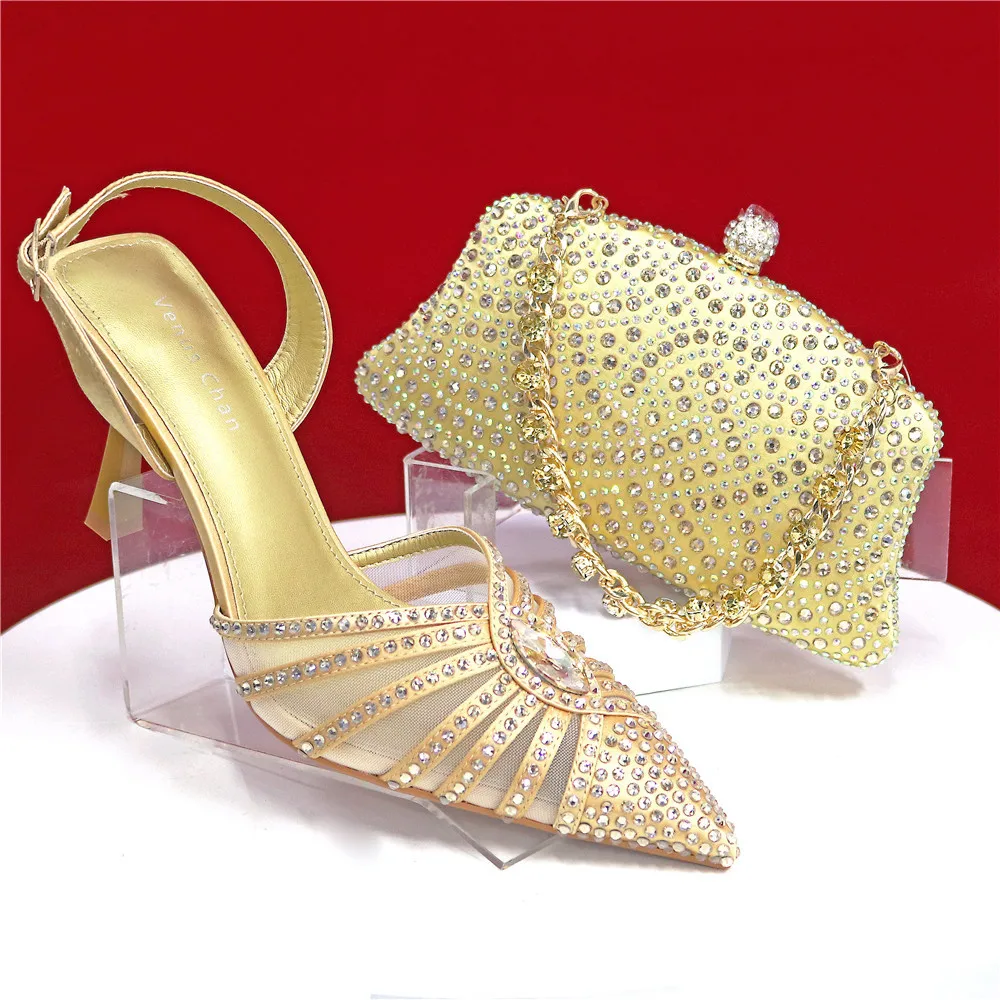 2026 Elegant Fruit Green Women's Heels and Rhinestone Handbag Set - Italian Design for Weddings and Parties