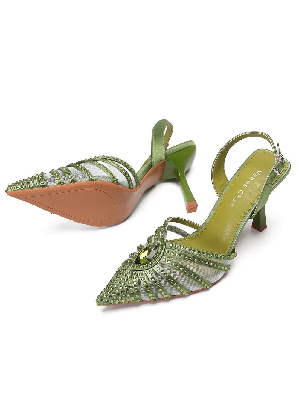 2026 Elegant Fruit Green Women's Heels and Rhinestone Handbag Set - Italian Design for Weddings and Parties