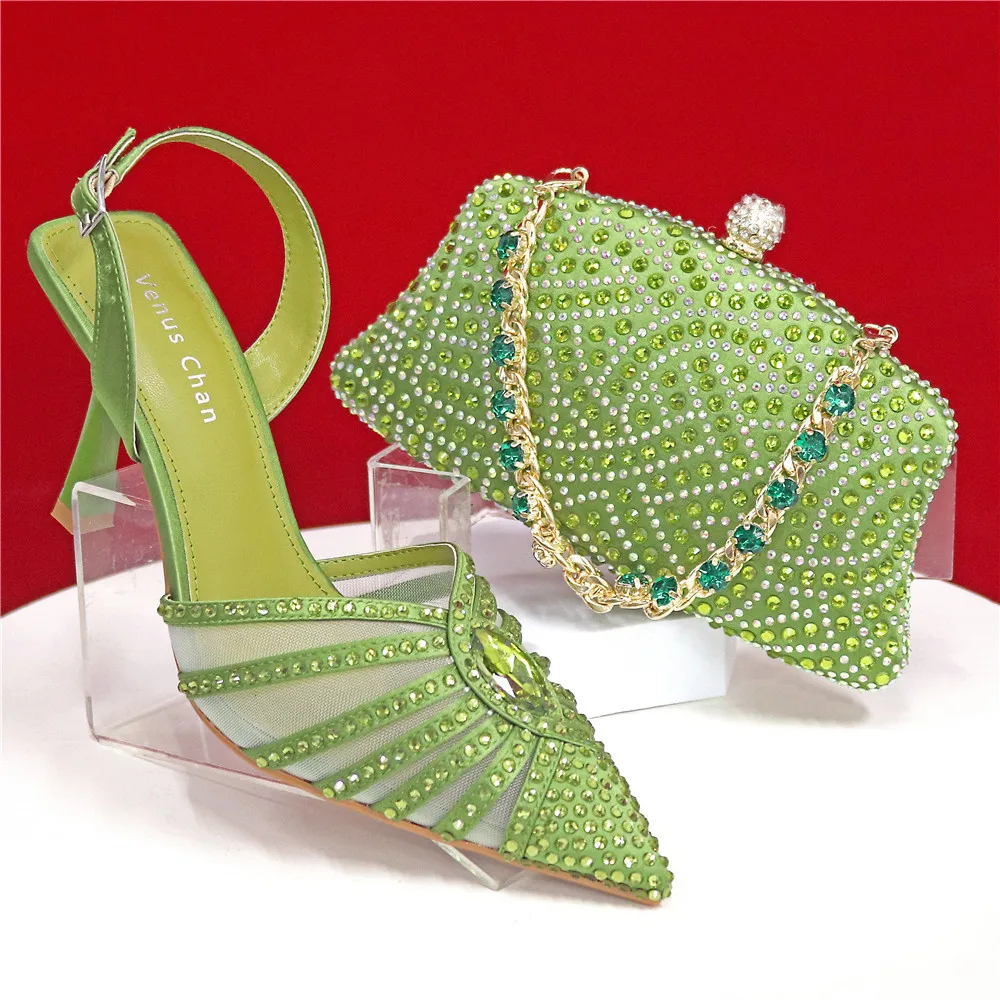 2026 Elegant Fruit Green Women's Heels and Rhinestone Handbag Set - Italian Design for Weddings and Parties