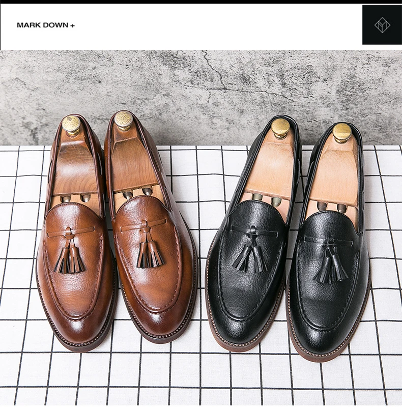 New High Quality Pointed Casual Leather Shoes Men's Wedding Shoes Bullock Fringe A Slip-On Beef Sole Stylist Fashion Shoes