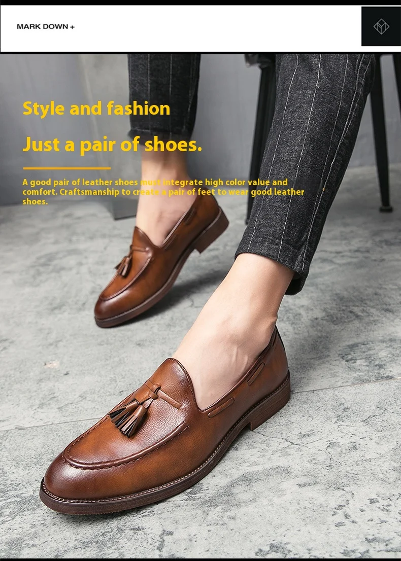 New High Quality Pointed Casual Leather Shoes Men's Wedding Shoes Bullock Fringe A Slip-On Beef Sole Stylist Fashion Shoes