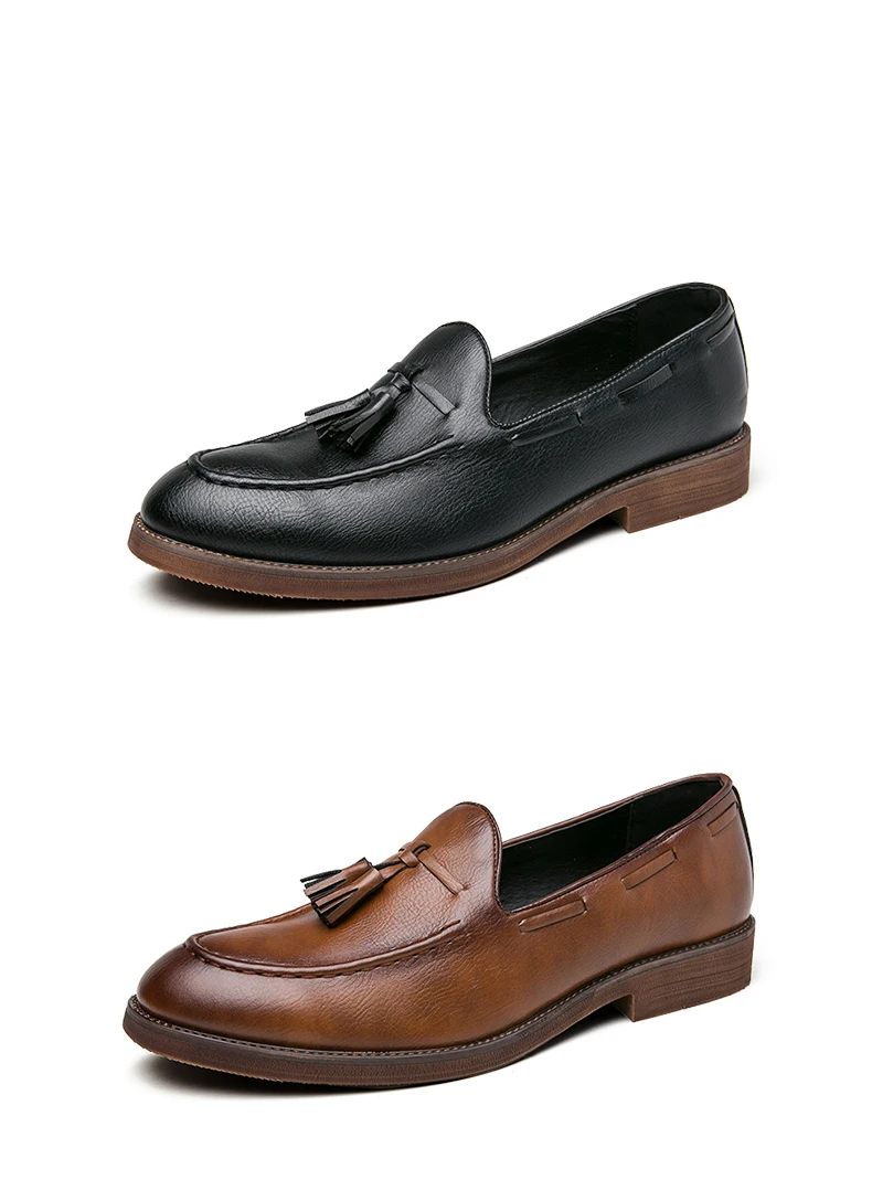 New High Quality Pointed Casual Leather Shoes Men's Wedding Shoes Bullock Fringe A Slip-On Beef Sole Stylist Fashion Shoes