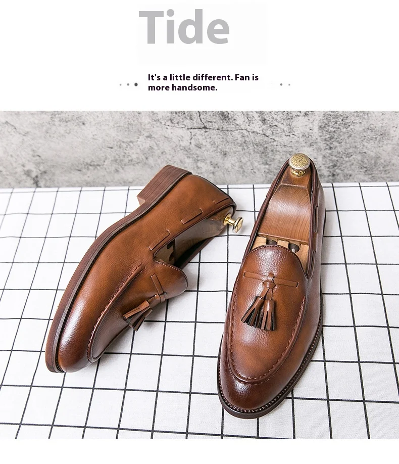 New High Quality Pointed Casual Leather Shoes Men's Wedding Shoes Bullock Fringe A Slip-On Beef Sole Stylist Fashion Shoes