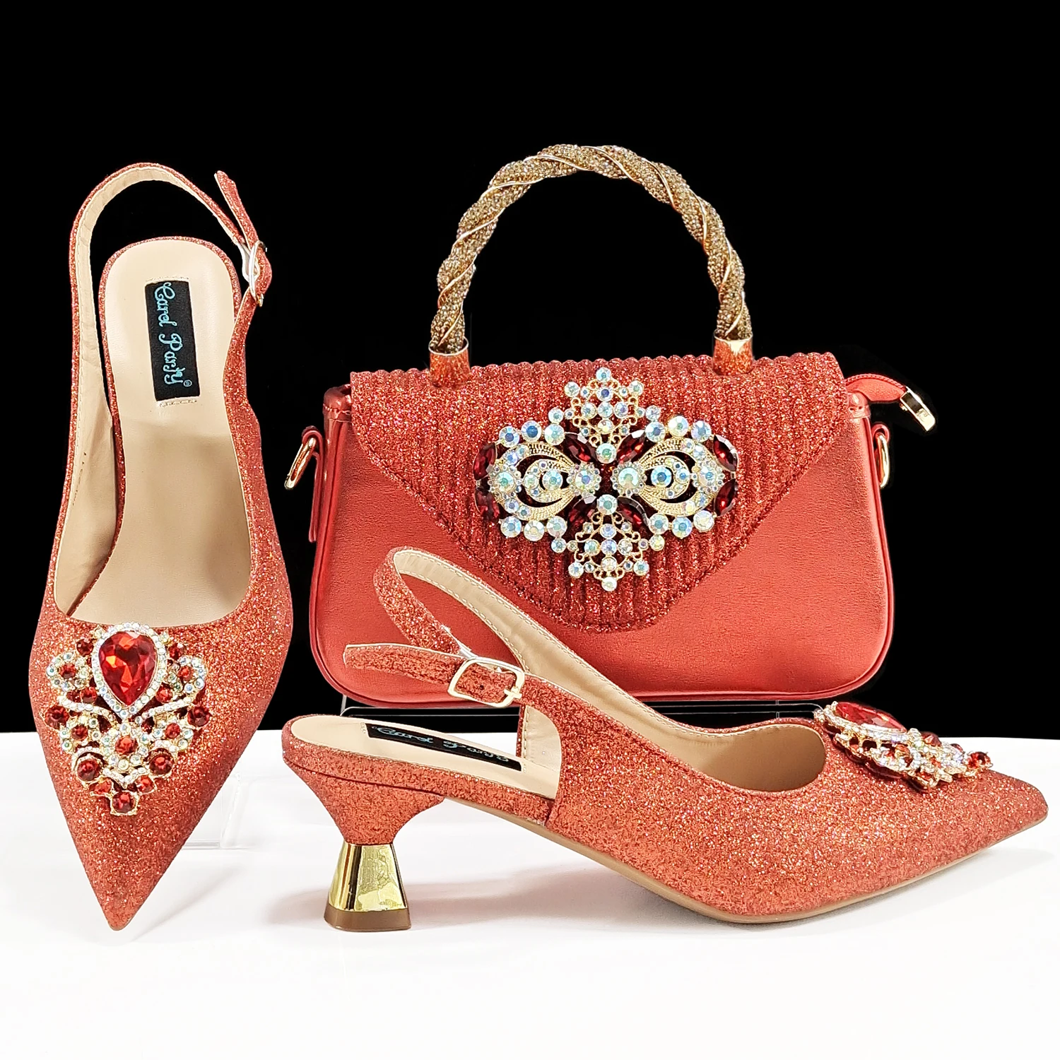 QSGFC Italian Design Magenta Color Pointed Toe Shoe & Bag Set Rhinestone Luxury Women's High Heels for Party Wedding