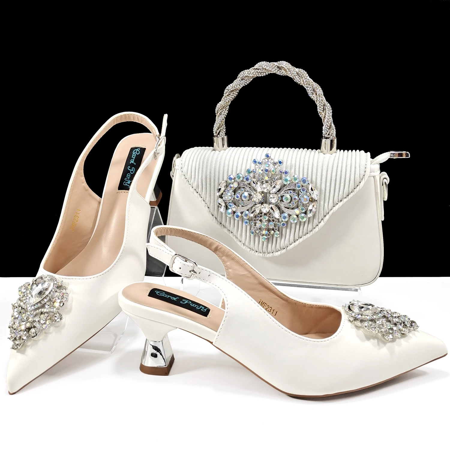 QSGFC Italian Design Magenta Color Pointed Toe Shoe & Bag Set Rhinestone Luxury Women's High Heels for Party Wedding