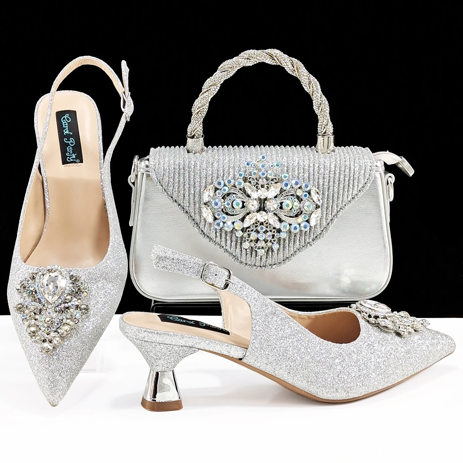 QSGFC Italian Design Magenta Color Pointed Toe Shoe & Bag Set Rhinestone Luxury Women's High Heels for Party Wedding