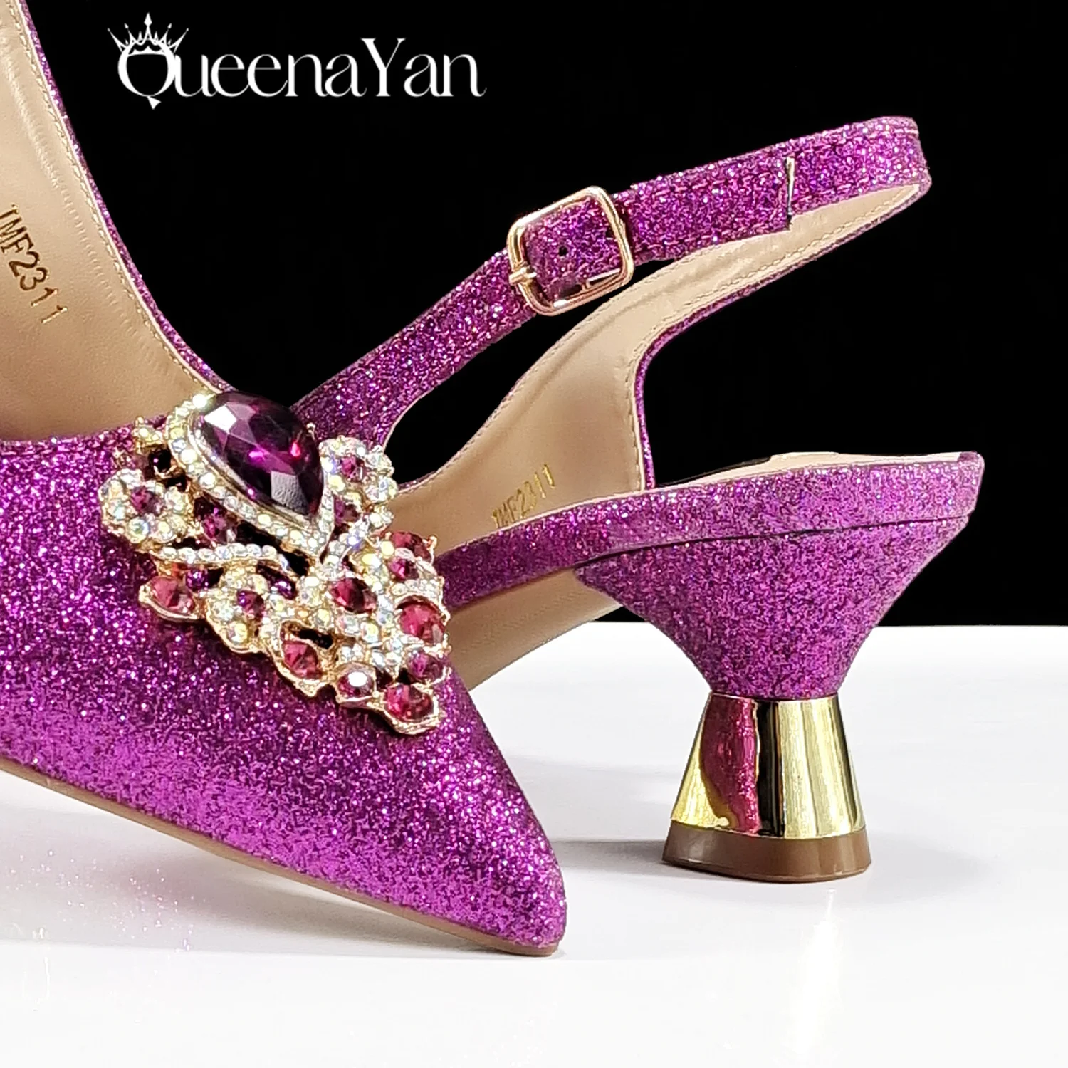 QSGFC Italian Design Magenta Color Pointed Toe Shoe & Bag Set Rhinestone Luxury Women's High Heels for Party Wedding