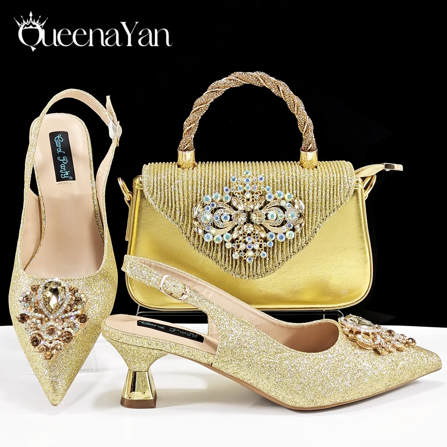QSGFC Italian Design Magenta Color Pointed Toe Shoe & Bag Set Rhinestone Luxury Women's High Heels for Party Wedding