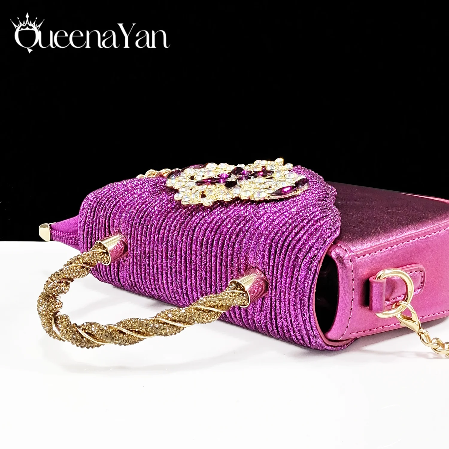 QSGFC Italian Design Magenta Color Pointed Toe Shoe & Bag Set Rhinestone Luxury Women's High Heels for Party Wedding