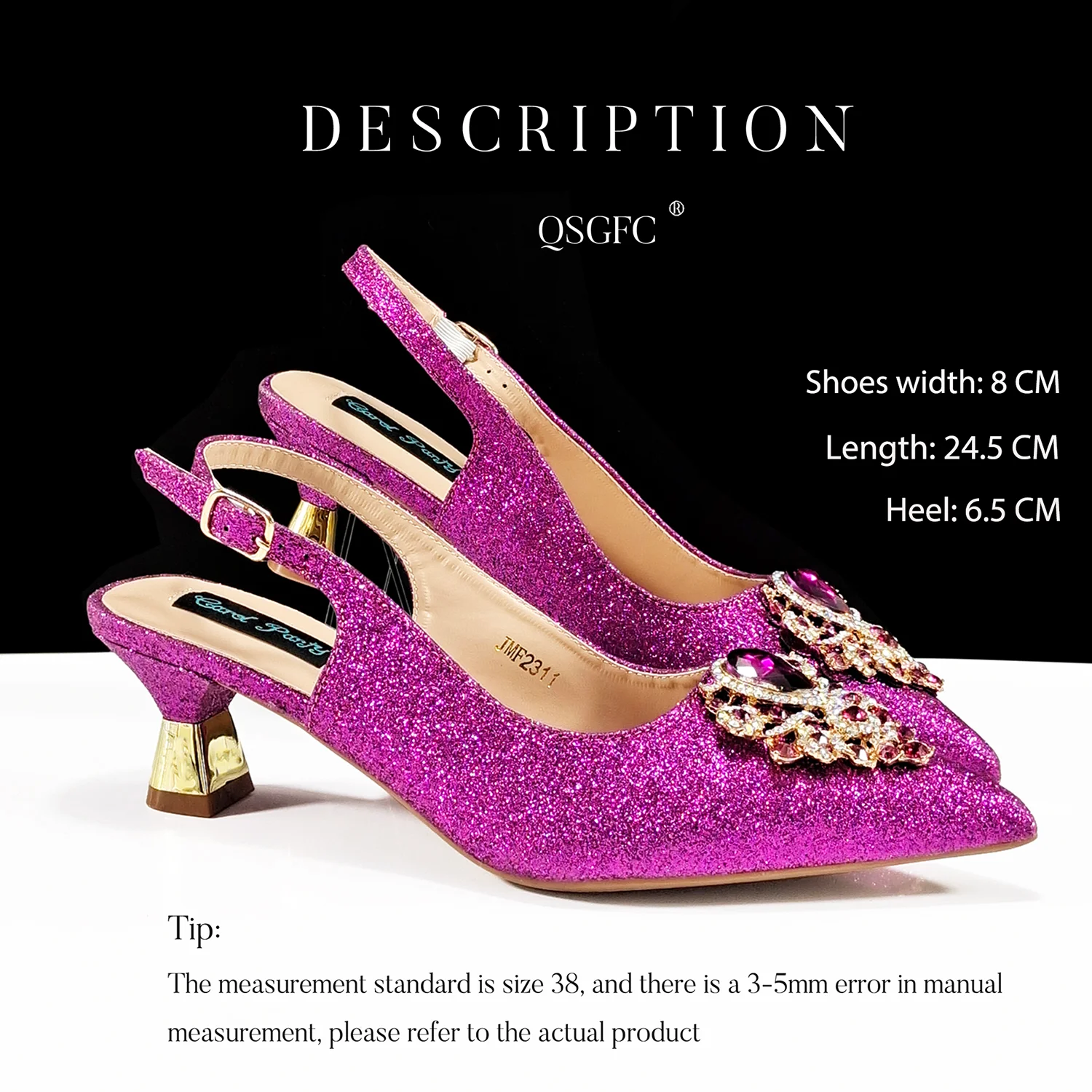 QSGFC Italian Design Magenta Color Pointed Toe Shoe & Bag Set Rhinestone Luxury Women's High Heels for Party Wedding