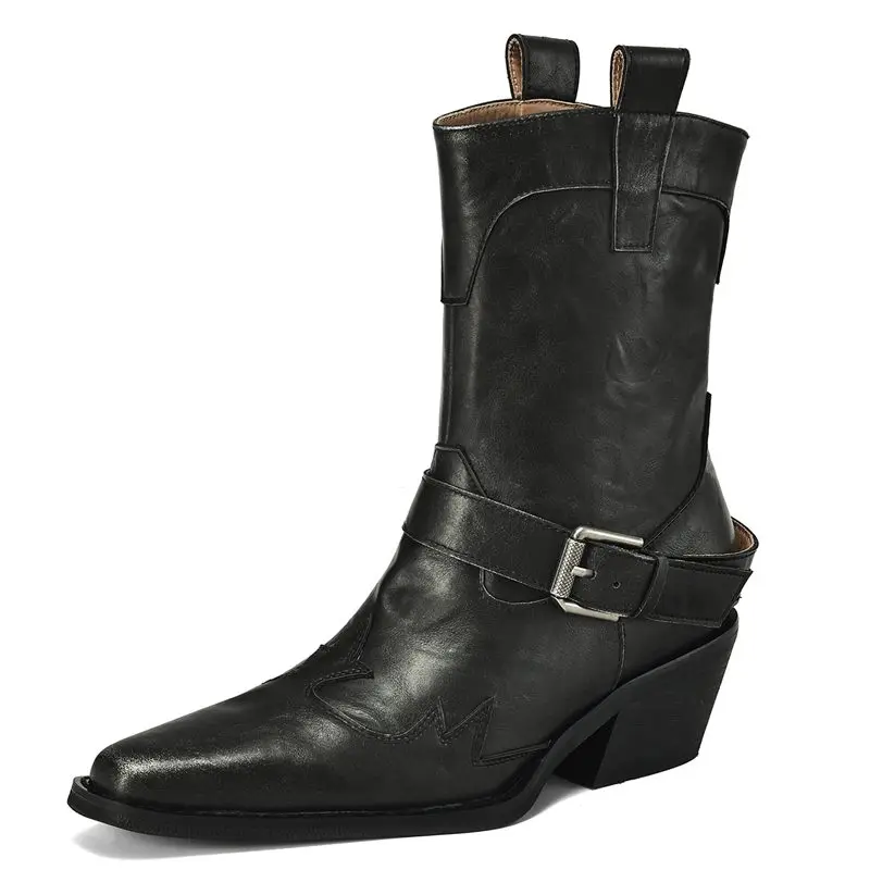 MORAZORA 2025 New Genuine Leather Boots Women Pointed Toe Buckle Wedges Heels Ankle Boots Cowboy Western Boots Ladies Shoes